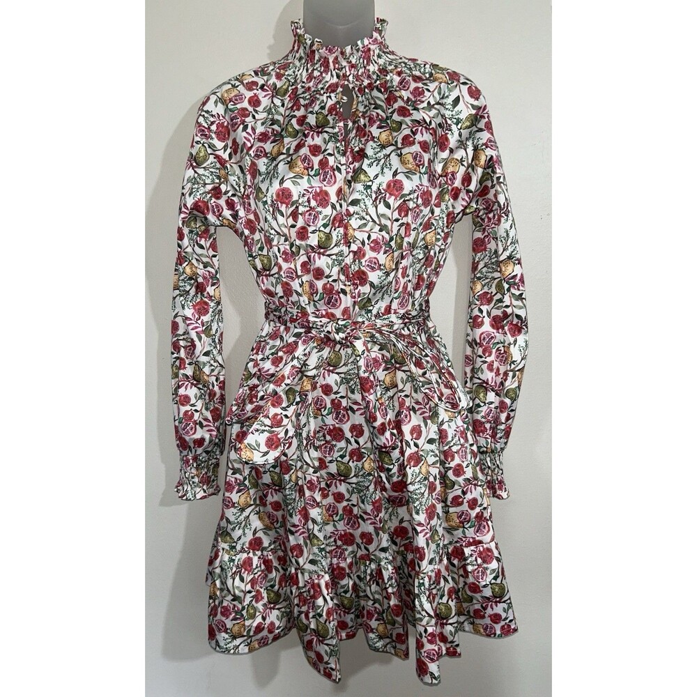Dondolo Julie White Pomegranate Cotton Tiered Smocked Mock Neck Mini Dress XS